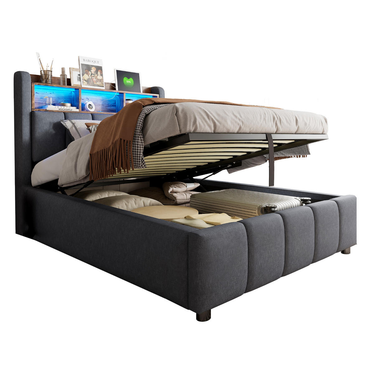 POLSTERBETT 90/200 cm Grau mit LED-Beleuchtung und USB-Anschluss aus Leinenstoff - Grau, Textil (90/200cm) - OKWISH