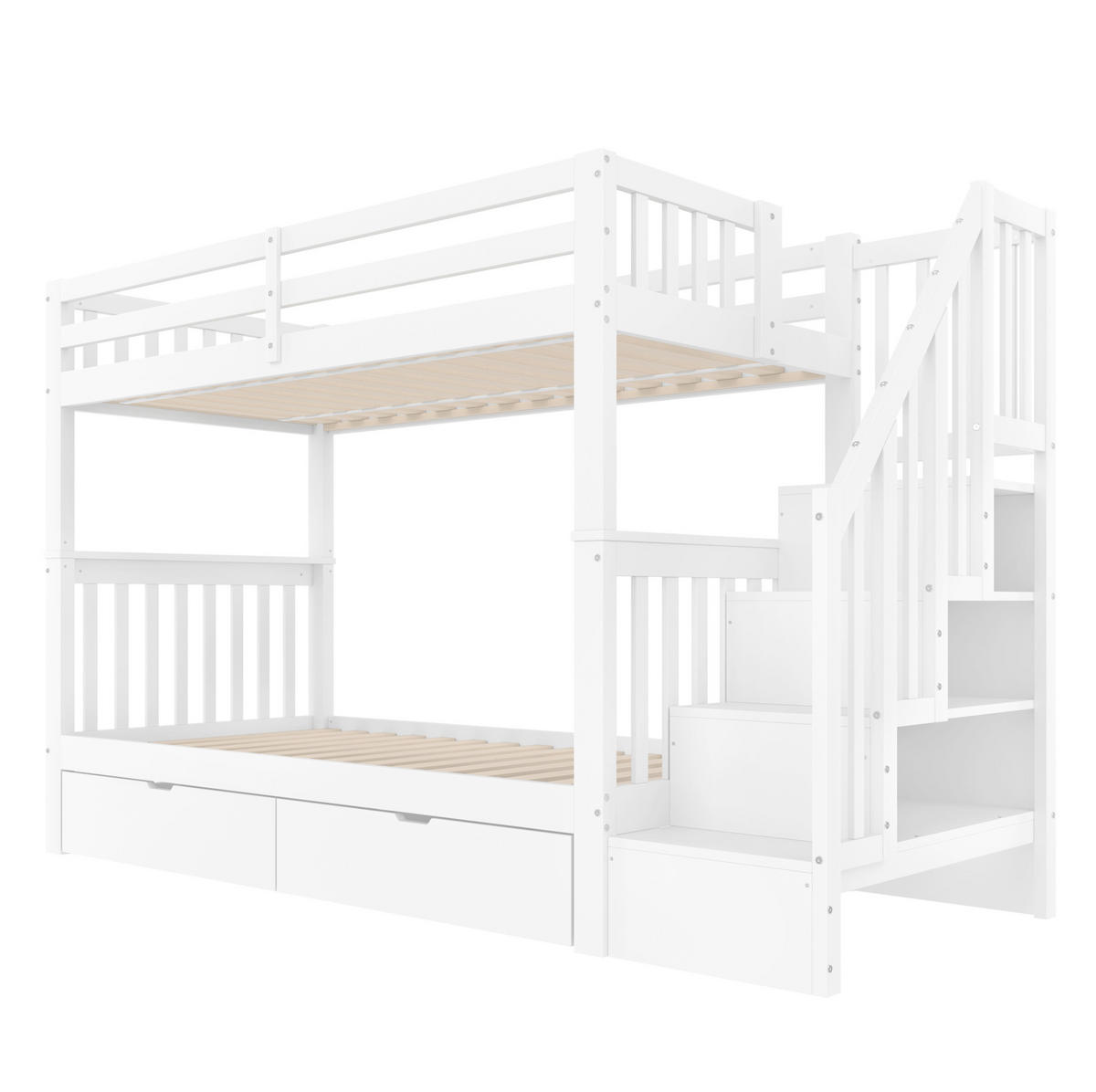 ETAGENBETT aus Kiefernholz und MDF 90x200 cm Weiß mit Treppenregal, 2 Schubladen und hohem Sicherheitsgeländer - Weiß, Holzwerkstoff (90/200cm) - Modfu