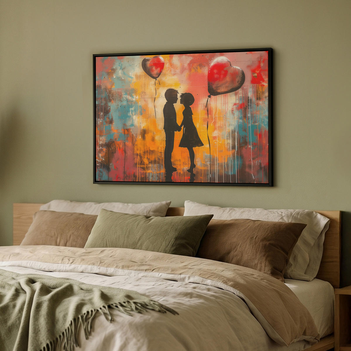LEINWAND Bilder mit Rahmen - Straßenkunst - Liebe - Graffiti - Kunst - Banksy - 70x50 - Orange, Textil (70/50cm) - MuchoWow