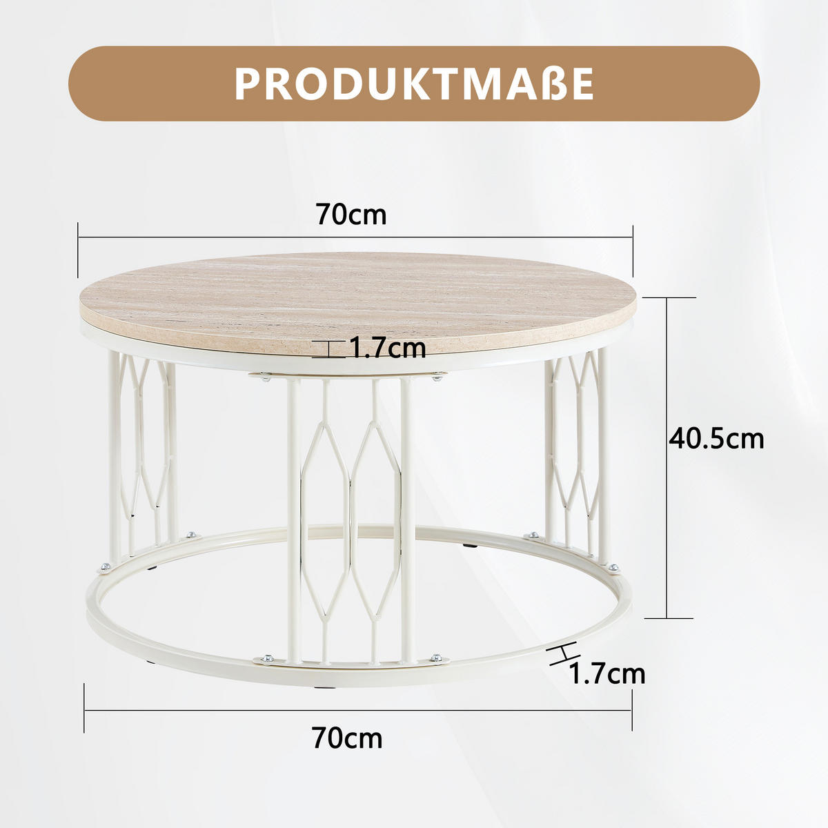 COUCHTISCH DE-37365 rund mit Holzoptik Weiß - Weiß, Metall (70/70/40.5cm) - ComfortXL