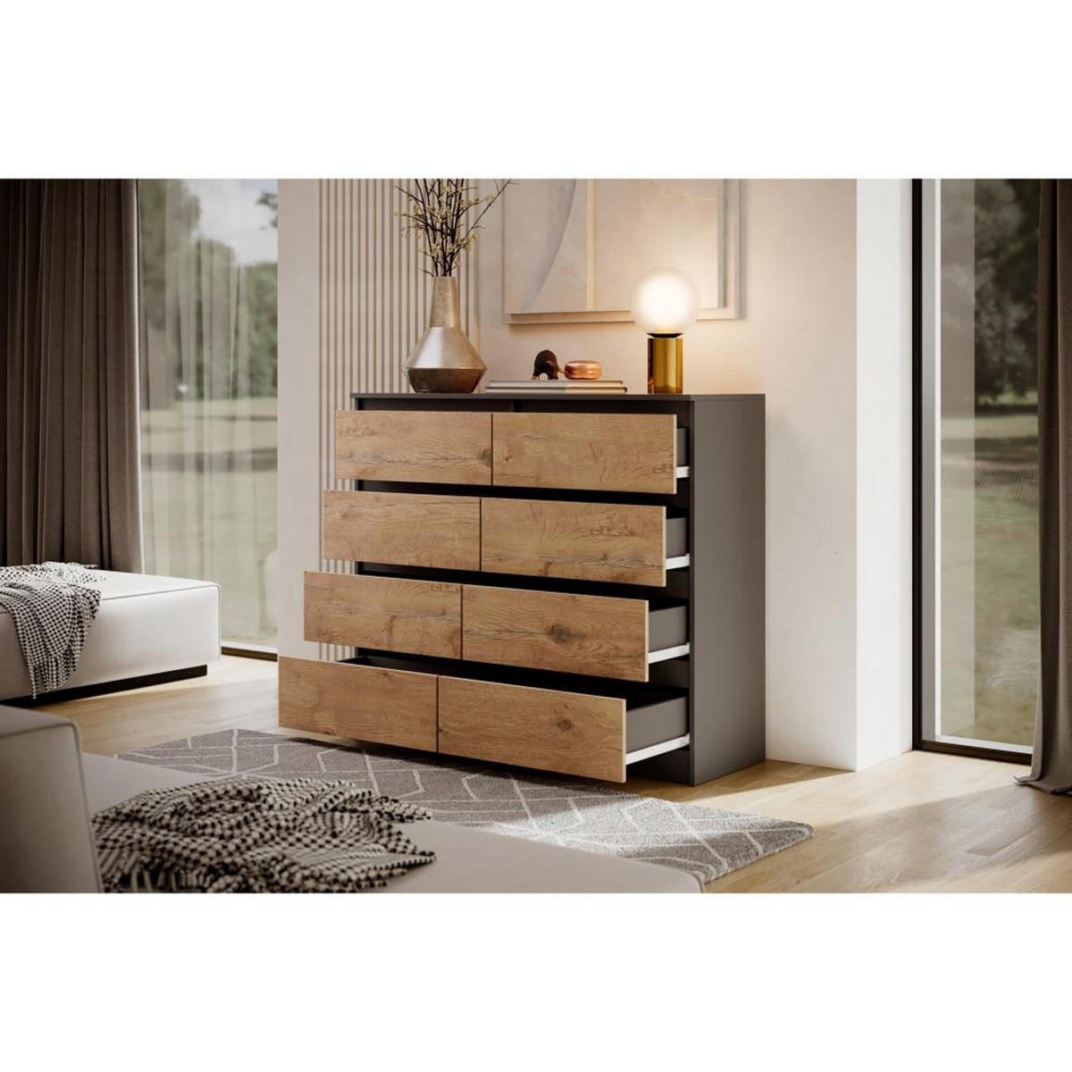 KOMMODE Lemon 120 cm mit acht Schubladen anthrazit/eiche Lanzelot - Eichefarben/Anthrazit, Holzwerkstoff (120/101.5/39cm) - Beautysofa