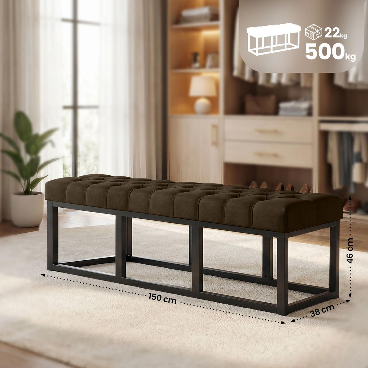 SITZBANK 150/38 cm Stoff Braun - Schwarz/Braun, Textil/Metall (150/46/38cm) - CLP
