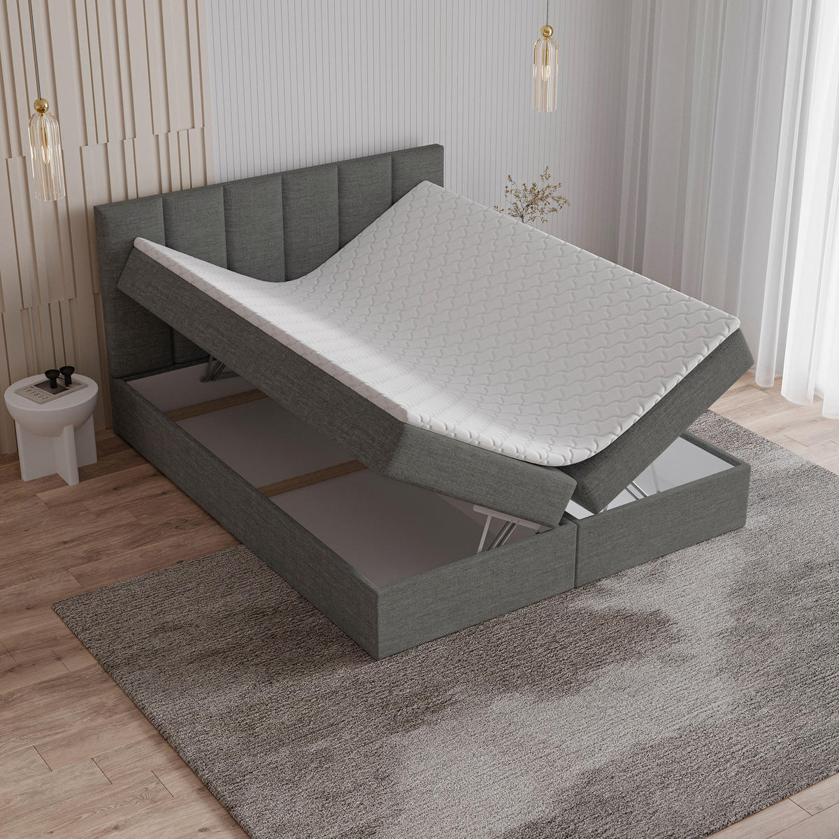 BOXBETT MERIL 180x200 cm mit Matratze und Topper - Dunkelgrau - Dunkelgrau, Holz (180/200cm) - MASSENO