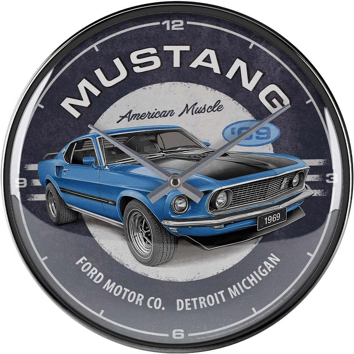 WANDUHR 31 cm Ford Mustang 1969 Mach 1 Blue - Blau/Grau, Metall (31/31/5cm) - Nostalgic-Art
