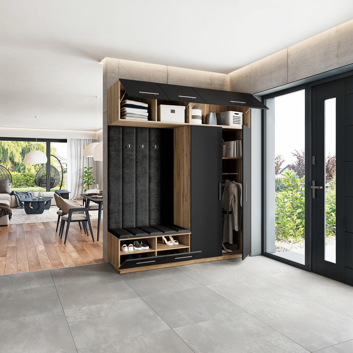 GARDEROBENSCHRANK REMA 200/240/60 cm Modern Eiche Wotan - Eiche Wotan/Schwarz, Holzwerkstoff (200/240/60cm) - MASSENO