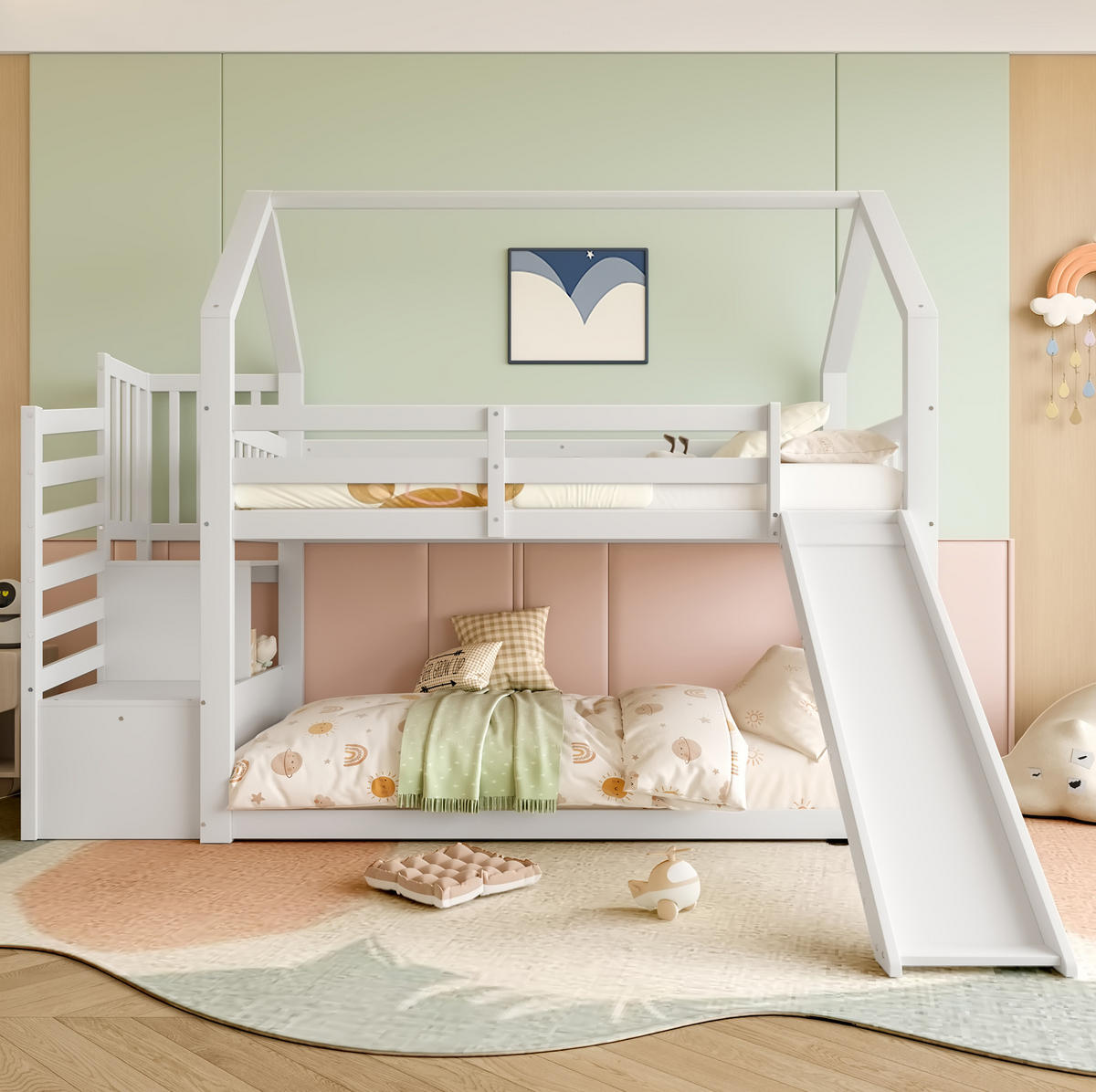 ETAGENBETT Hausbett mit Rutsche und Stauraumtreppe, 90/200 cm, Weiß, ohne Matratze - Weiß, Holz (90/200cm) - MIVRAY