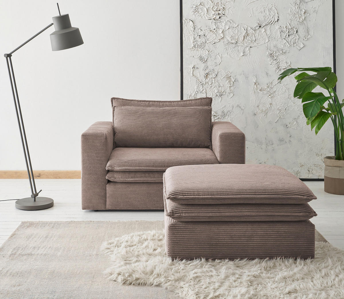 LOVESEAT Set braun Cord, Couch Loungesessel inklusive Hocker - Beige/Braun, Holz/Kunststoff (176/83/125cm) - Furn.Design