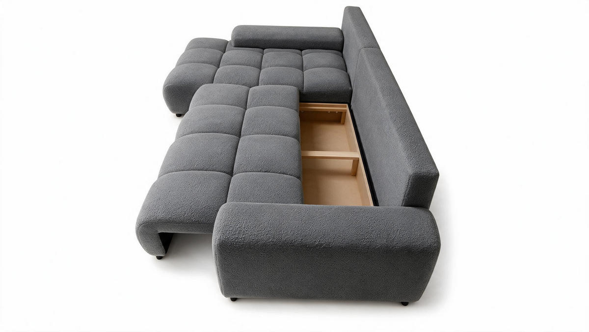 ECKSOFA Ovia mit Bettkasten und Schlaffunktion, Bouclé-Stoff in L-Form - Dunkelgrau, Textil (270/185cm)