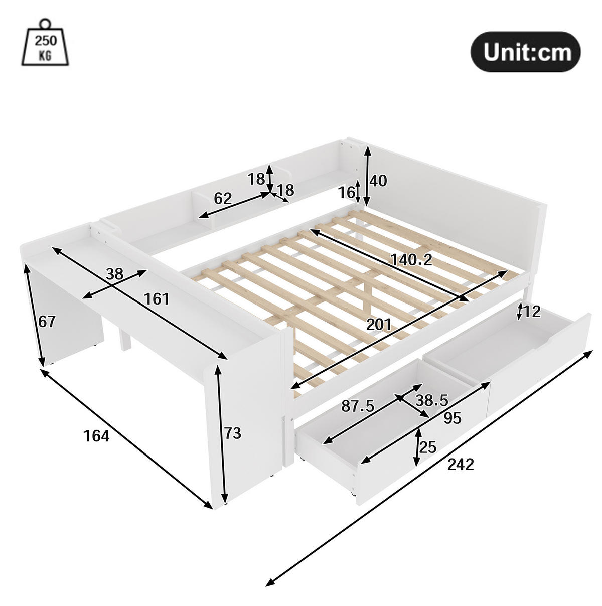 KINDERBETT aus Kiefer und Spanplatte 140x200 cm Weiß mit Schreibtisch, 2 Schubladen und 3 Regalen - Weiß, Holzwerkstoff (140/200cm) - Modfu