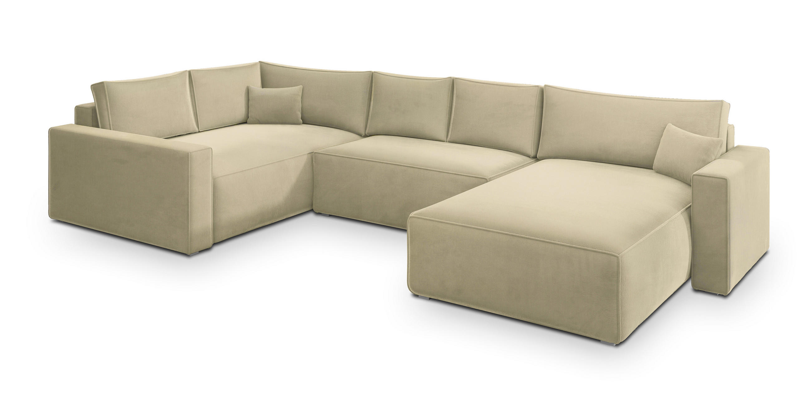 WOHNLANDSCHAFT VELAMI L-S Creme Velours-Stoff mit Schlaffunktion - Creme, Holz (365/83/194cm) - MASSENO