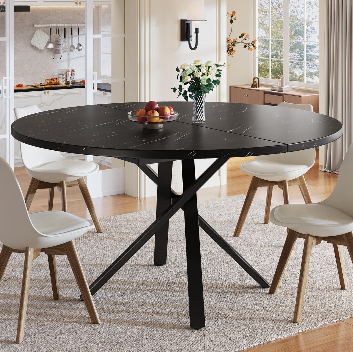 ESSTISCH 100-140x76 cm in Schwarz aus MDF mit Marmoroptik auf X-Gestell ausziehbar - Schwarz, Holzwerkstoff (100/140/75.5cm) - Modfu