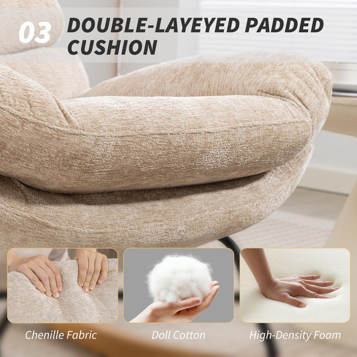 SCHAUKELSTUHL Schaukelsessel Schneidersitz mit Rückenlehne Chenille-Optik - Creme, Textil (80/91/103cm) - HOMCOM