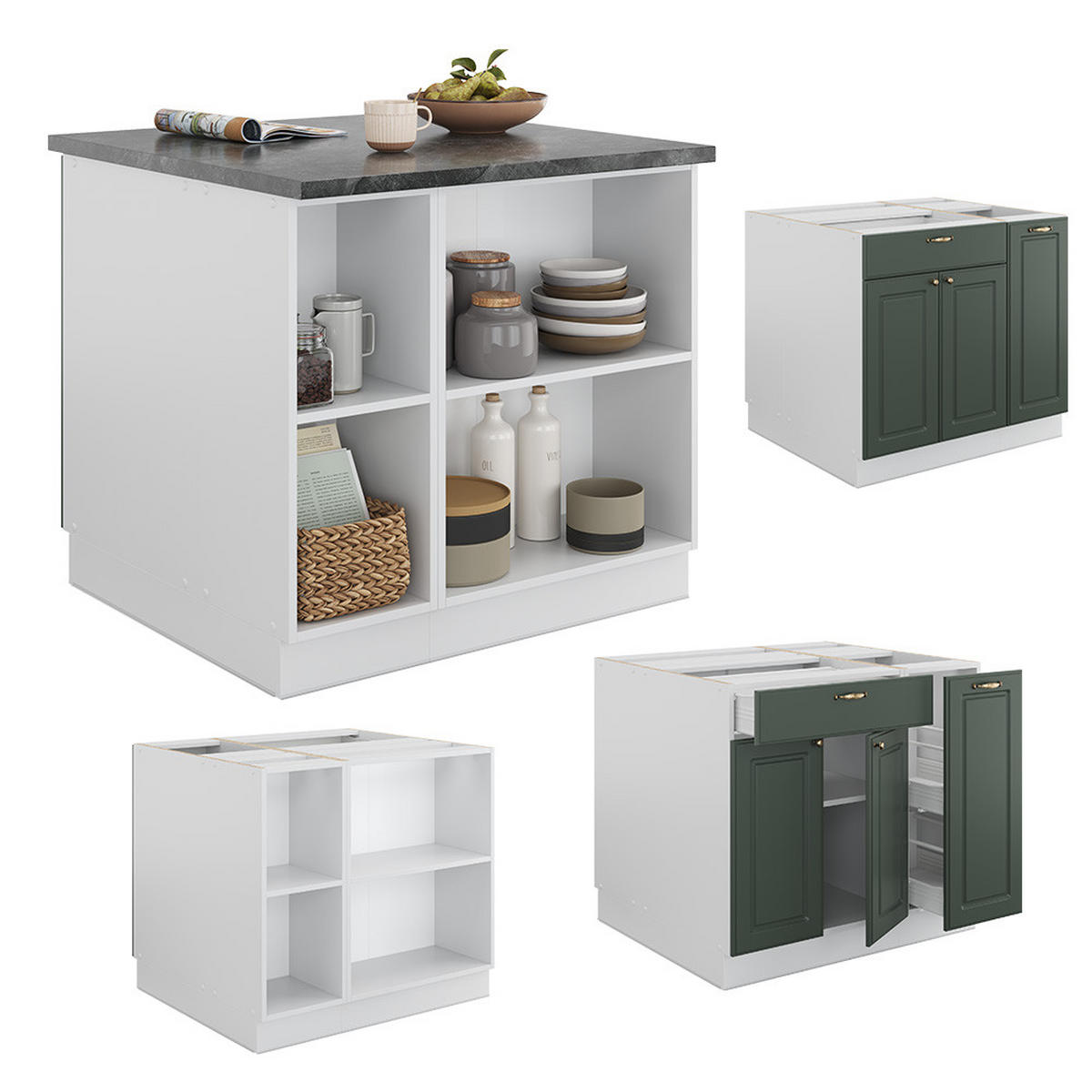 KÜCHENINSEL Fame-Line Grün-Gold Landhaus/Weiß 90 cm mit Schublade ohne AP - Weiß/Grün, Holzwerkstoff (90/82/60cm) - Vicco