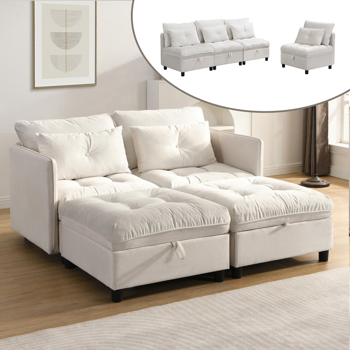 SOFA 4-Sitzer Chenille mit Stauraum und Schlaffunktion Beige 274/76/87 cm - Beige, Textil (274/87/76cm) - Redom