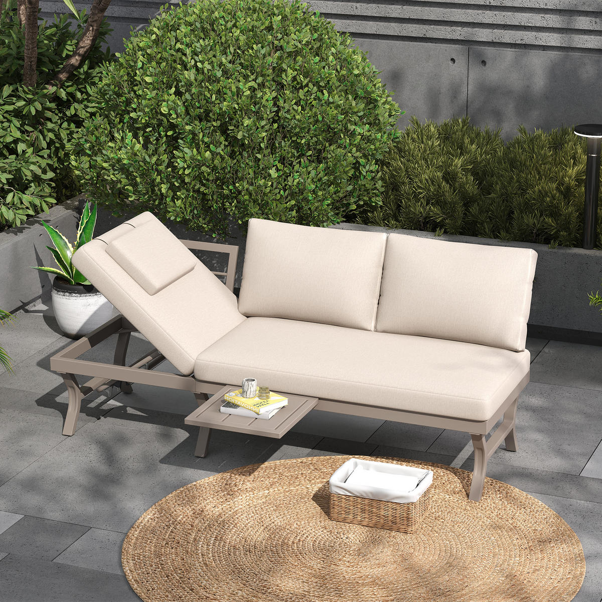 GARTENMÖBEL-SET 3-Sitzer Sofa Verstellbar Tisch Stahl Beige - Beige, Textil (66/66/168cm) - FLIEKS
