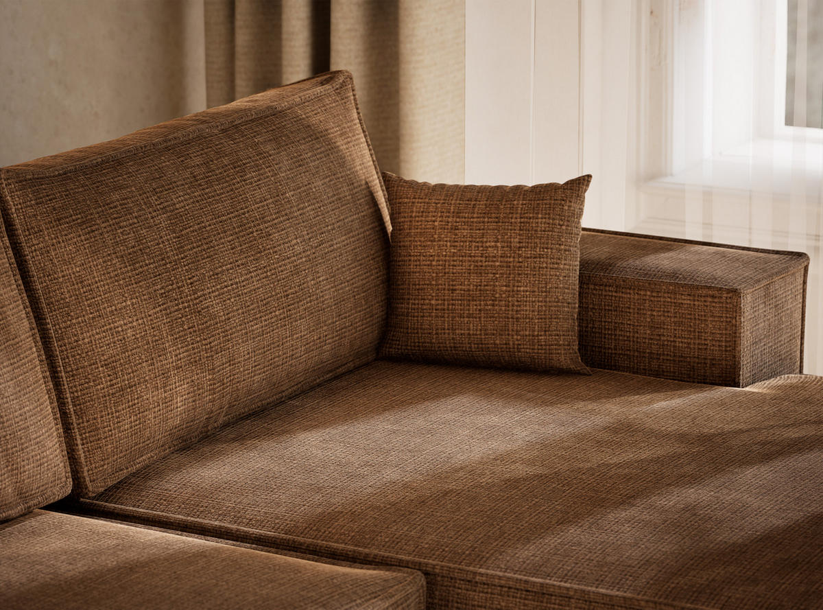 WOHNLANDSCHAFT Kyoto Hellbraun Chenille-Stoff - Hellbraun/Schwarz, Holz/Holzwerkstoff (398/70/148cm) - Maison de Reve