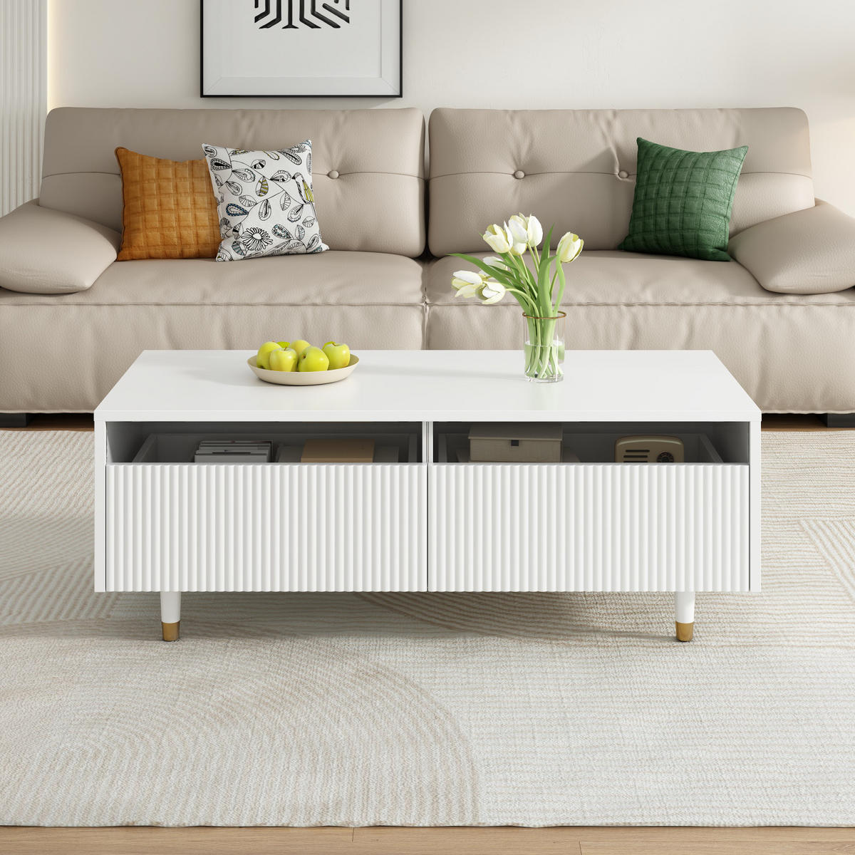 COUCHTISCH 90 cm mit Glas und LED-Effekt Hochglanz-Oberfläche Stauraum Weiß - Weiß, Holz/Holzwerkstoff (110/55/40cm) - EVRYAE