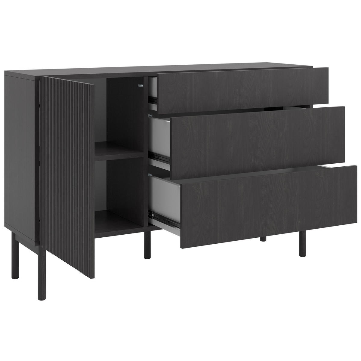 SIDEBOARD Nolie Holzoptik Esche Schwarz mit 3 Schubladen 140 cm - Schwarz, Holz/Holzwerkstoff (140/90.6/38cm) - Selsey