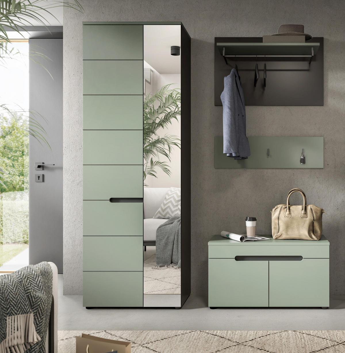 GARDEROBE-SET Salbei Grün und Basalt Grau, Garderobe 160 x 190 cm, Soft-Close, Cooper - Salbeigrün/Dunkelgrau, Holzwerkstoff/Kunststoff (160/190/37cm) - Inn.Furn