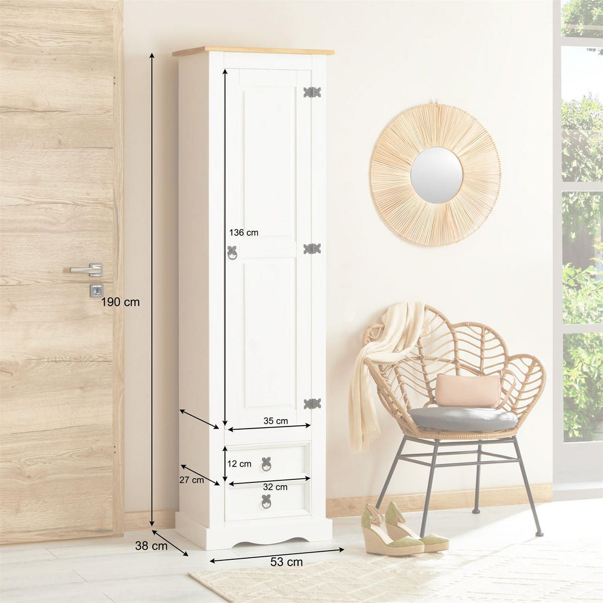 SCHUHSCHRANK TEQUILA weiß/braun - Weiß/Braun, Holz (53/190/38cm) - IDIMEX