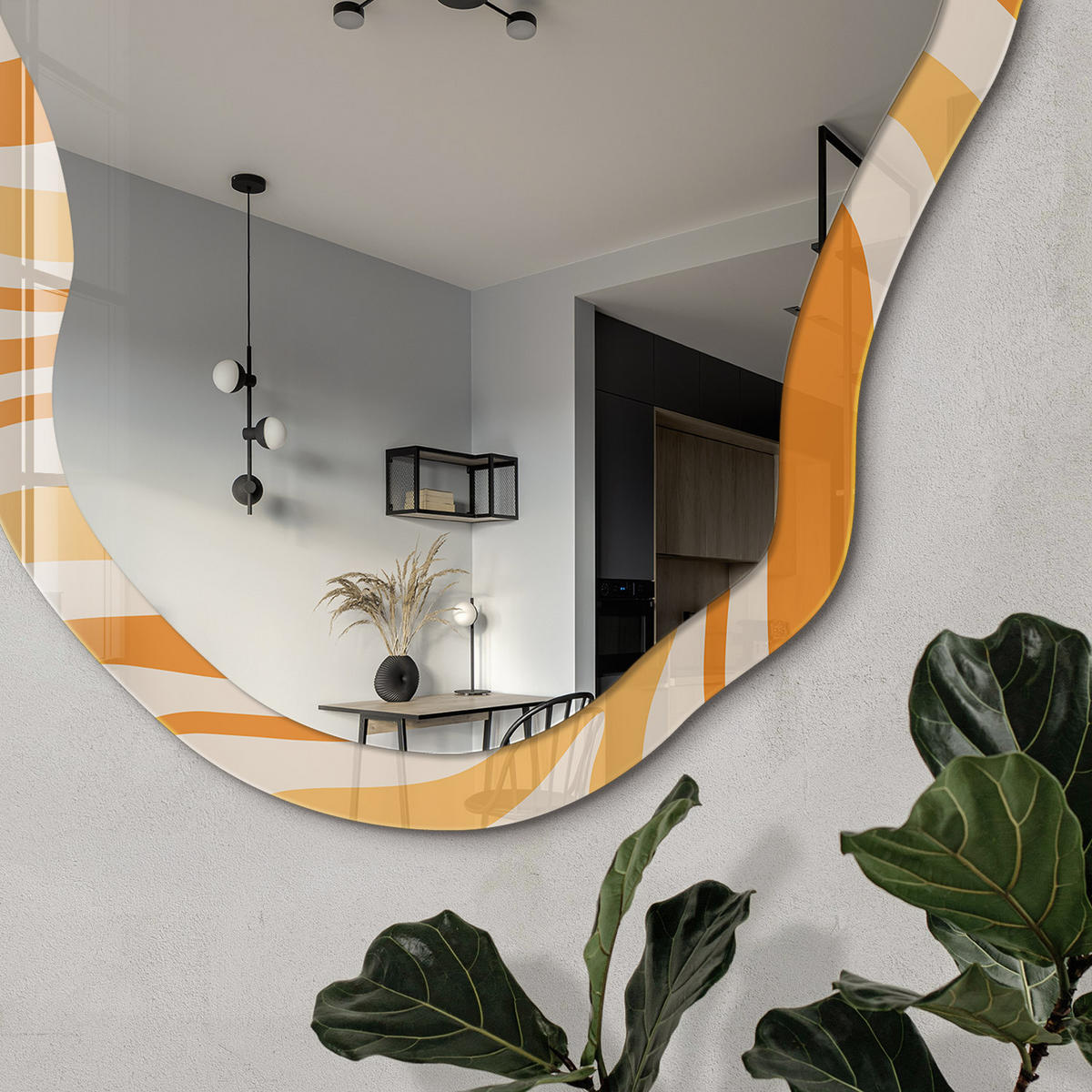 SPIEGEL 90x45 cm asymmetrisch mit Druck - Orangefarbene Wellen - Transparent, Glas (45/90/0.4cm) - TULUP