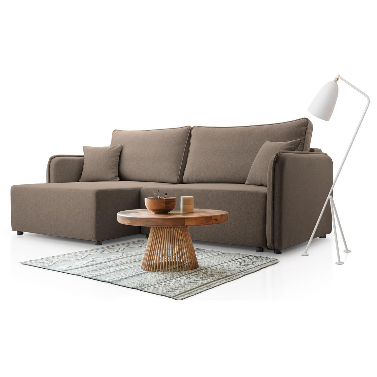 ECKSOFA Kassian, Hellbraun Strukturstoff, linksseitig - Hellbraun/Schwarz, Kunststoff/Textil (227/147cm) - Selsey