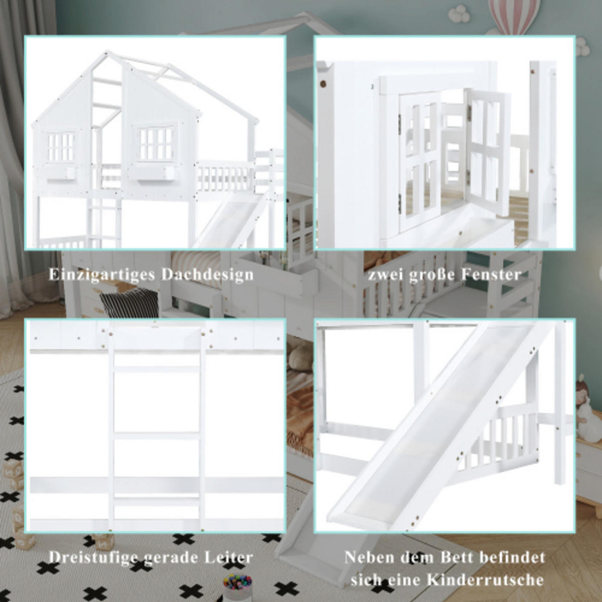 ETAGENBETT 90x200 cm mit Rutsche, Massivholz & MDF, weiß - Weiß, Holzwerkstoff (90/200cm) - Luhomfu