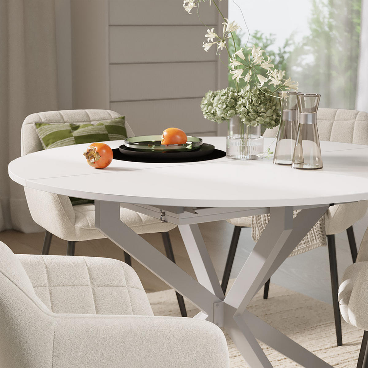 ESSTISCH-SET Loyd, Weiß/Grau, 120 x 120 cm mit 4 Esszimmerstühlen (Beige) - Weiß/Grau, Holzwerkstoff (120/76.5/120cm) - Vicco