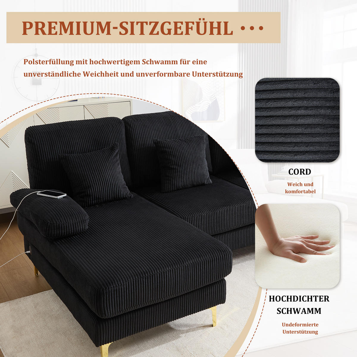 U-SOFA Wohnlandschaft Samt mit LED-Beleuchtung und USB-Anschluss 265/135/88 cm Schwarz - Schwarz, Textil (135/88/265cm) - Redom