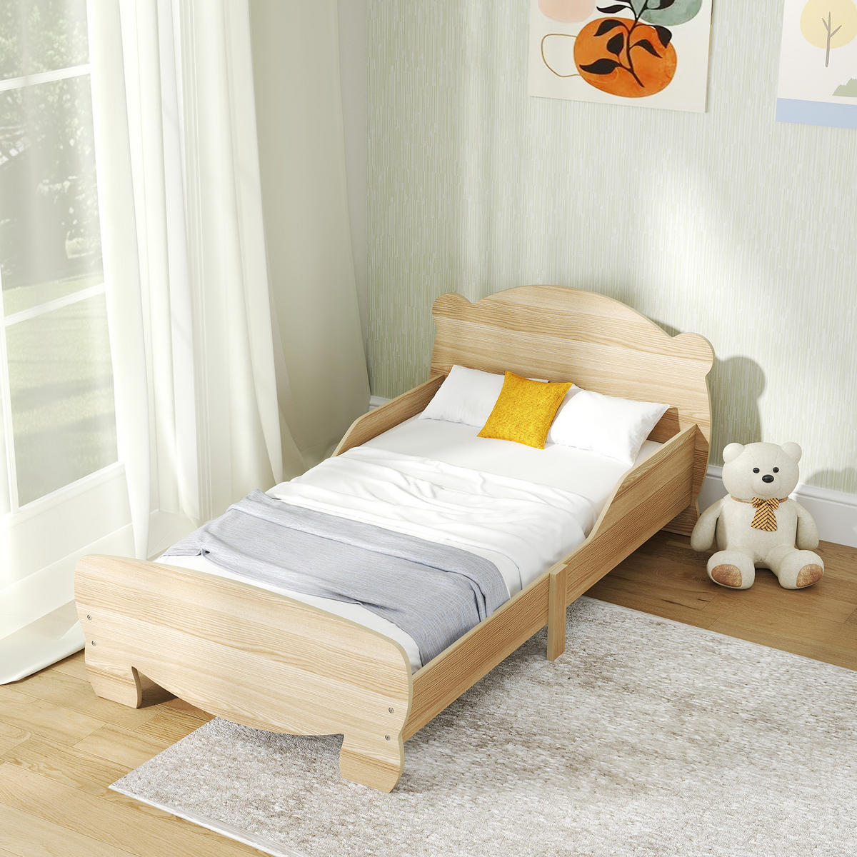 KINDERBETT Jugendbett Hausbett mit Bären-Design Spielbett für 3-6Jahre Kinder - Naturfarben, Holzwerkstoff - AIYAPLAY