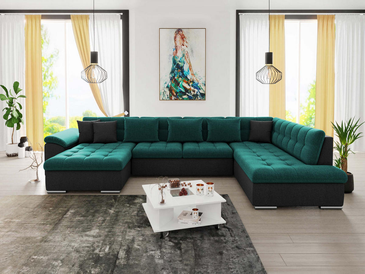 WOHNLANDSCHAFT Niko Bis, Seite: Links - Türkis, Holz/Textil (348/76/205cm) - MIRJAN24