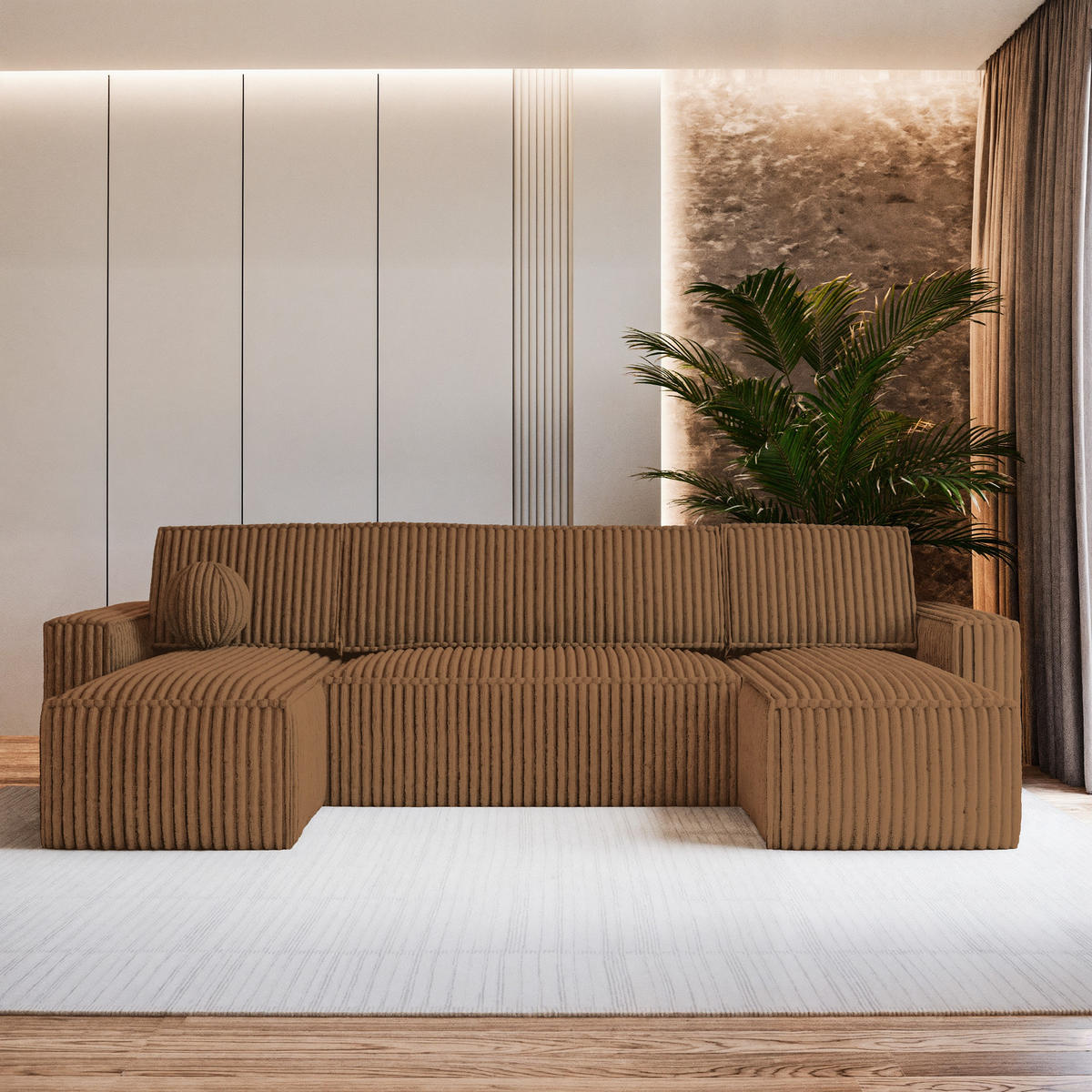 ROHOVÁ SEDAČKA PESANO měděná - šedá/měděná, dřevo/textil (306/140cm) - MASSENO