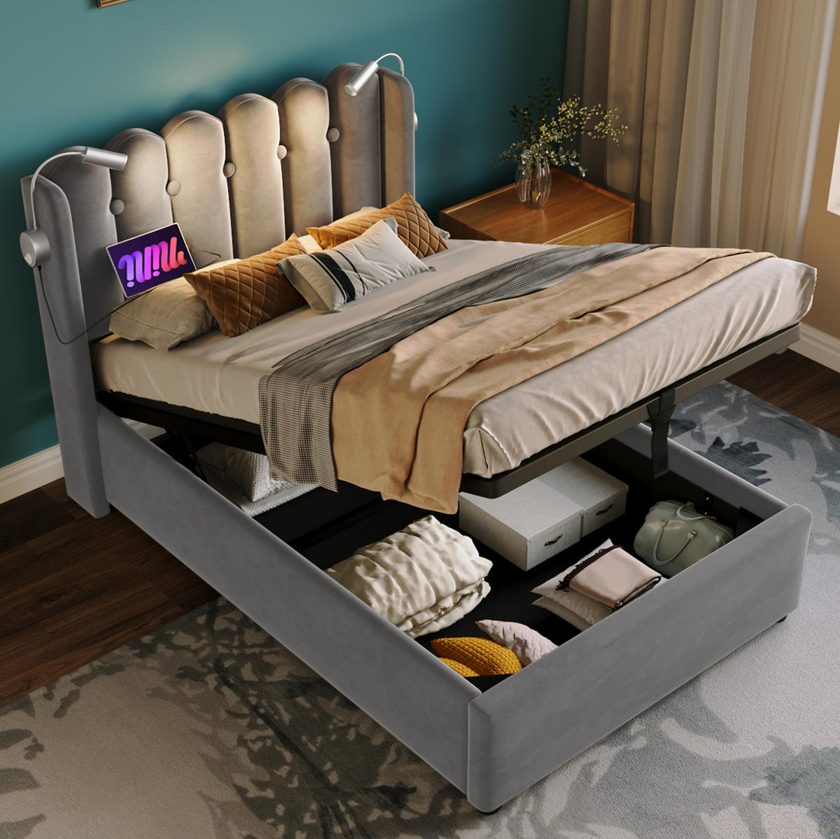 POLSTERBETT mit Bettkasten & USB 90x200 cm Samt Grau - Grau, Metall (90/200cm) - Meubliv
