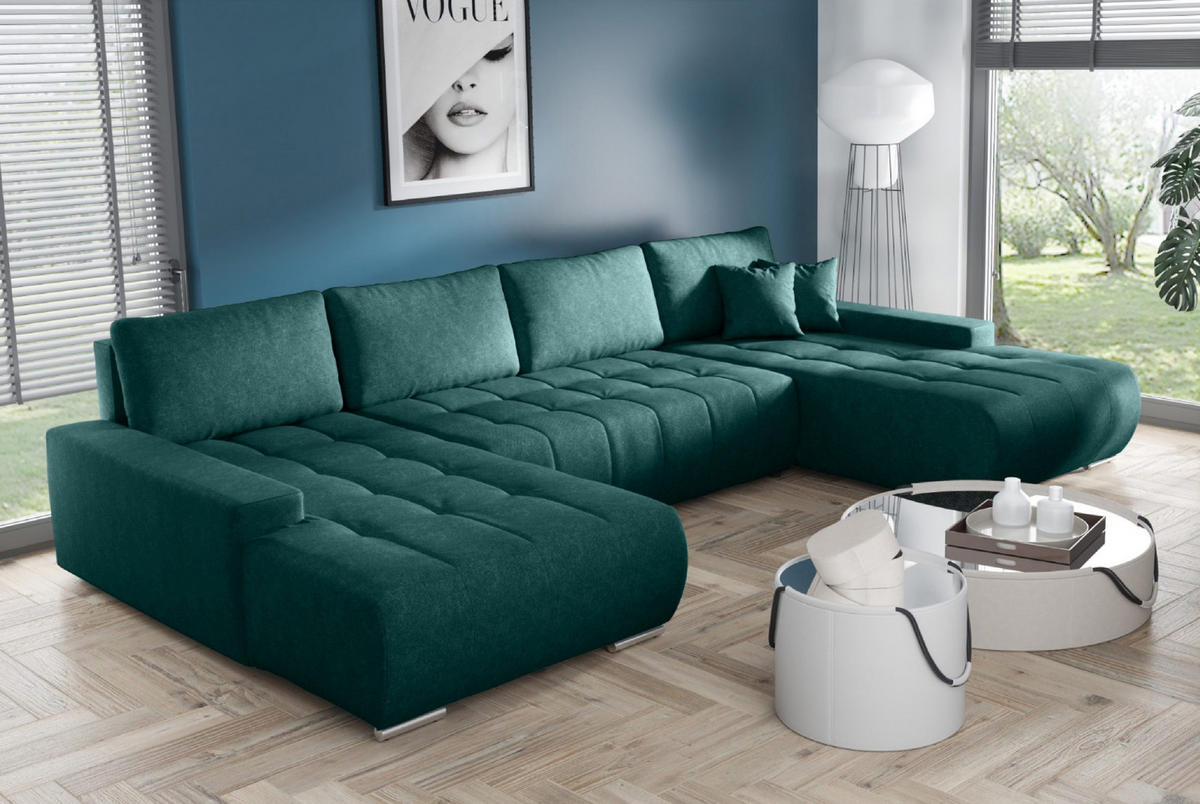WOHNLANDSCHAFT mit Schlaffunktion Dhaka U, Flaschengrün - Grün, Textil (185/85/350cm) - Fedve