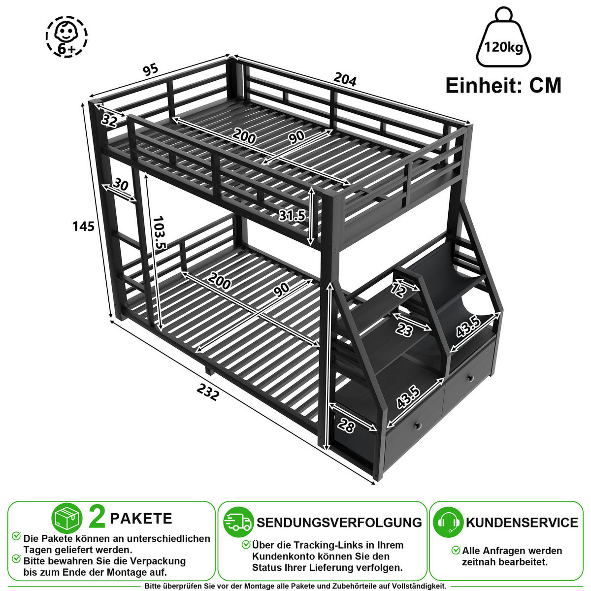 ETAGENBETT 90/200 cm & 90/200 cm in Schwarz mit 2 Schubladen, LED und Ablagen - Schwarz, Metall (90/200cm) - CHICFURN