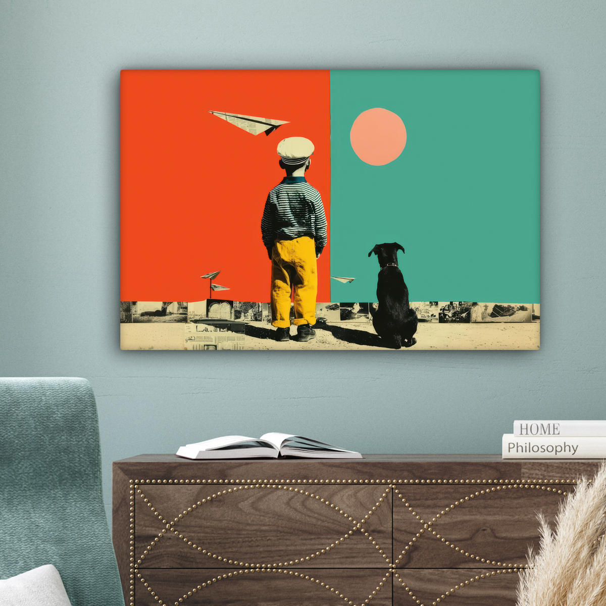 LEINWANDBILD Retro - Junge - Hund - Rot - Grün Wanddeko 90x60 cm - Orange, Textil (90/60cm) - MuchoWow