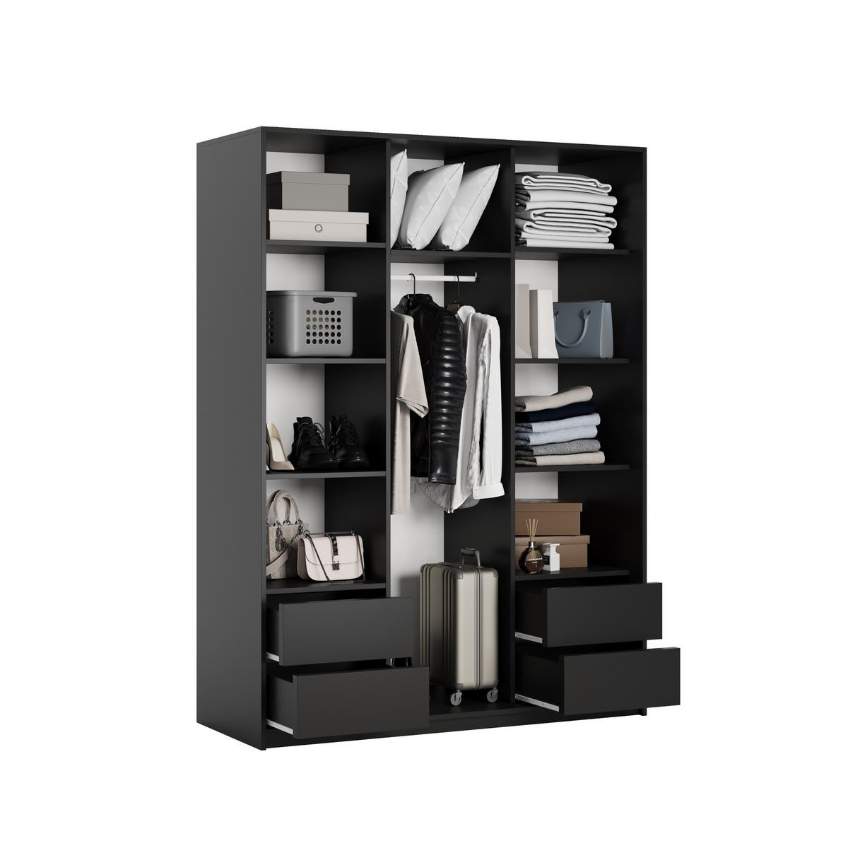 SCHWEBETÜRENSCHRANK RIEN 150/205/60 cm 3-türig mit Spiegel Schwarz - Schwarz, Holzwerkstoff (150/205/60cm) - MASSENO