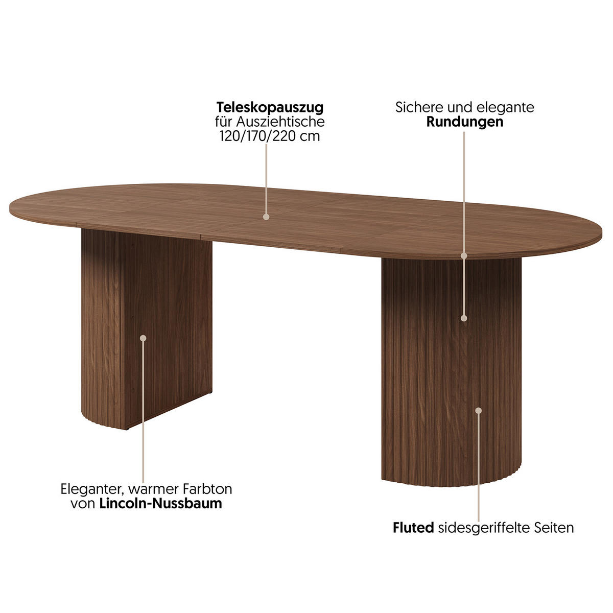 JÍDELNÍ STŮL Carlo, kulatý rozkládací, 120–220 cm, ořech - barva vlašského ořechu, kompozitní dřevo (110/120/77cm) - Beautysofa