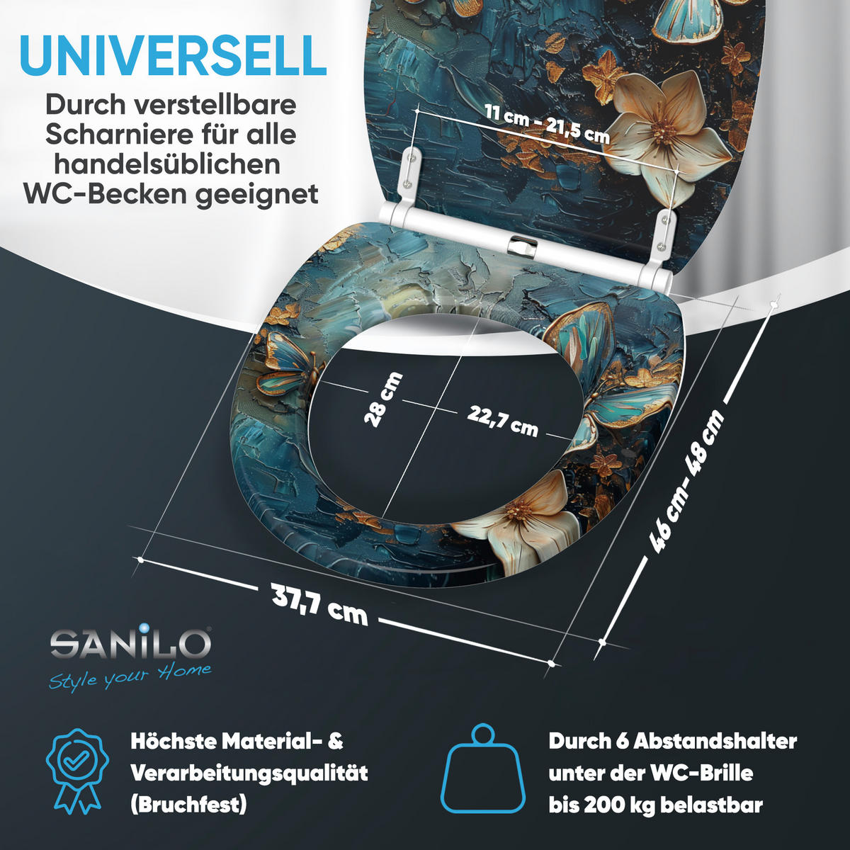 WC-SITZ mit Absenkautomatik & Top Fix Mariposa - Blau, Holzwerkstoff (37.7/5.5/48cm) - Sanilo