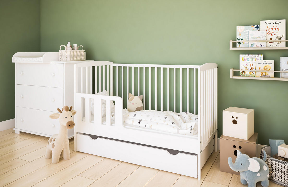 BABYBETT Elva 2in1 mit Matratze und Schublade - Weiß, Holz - kiki design