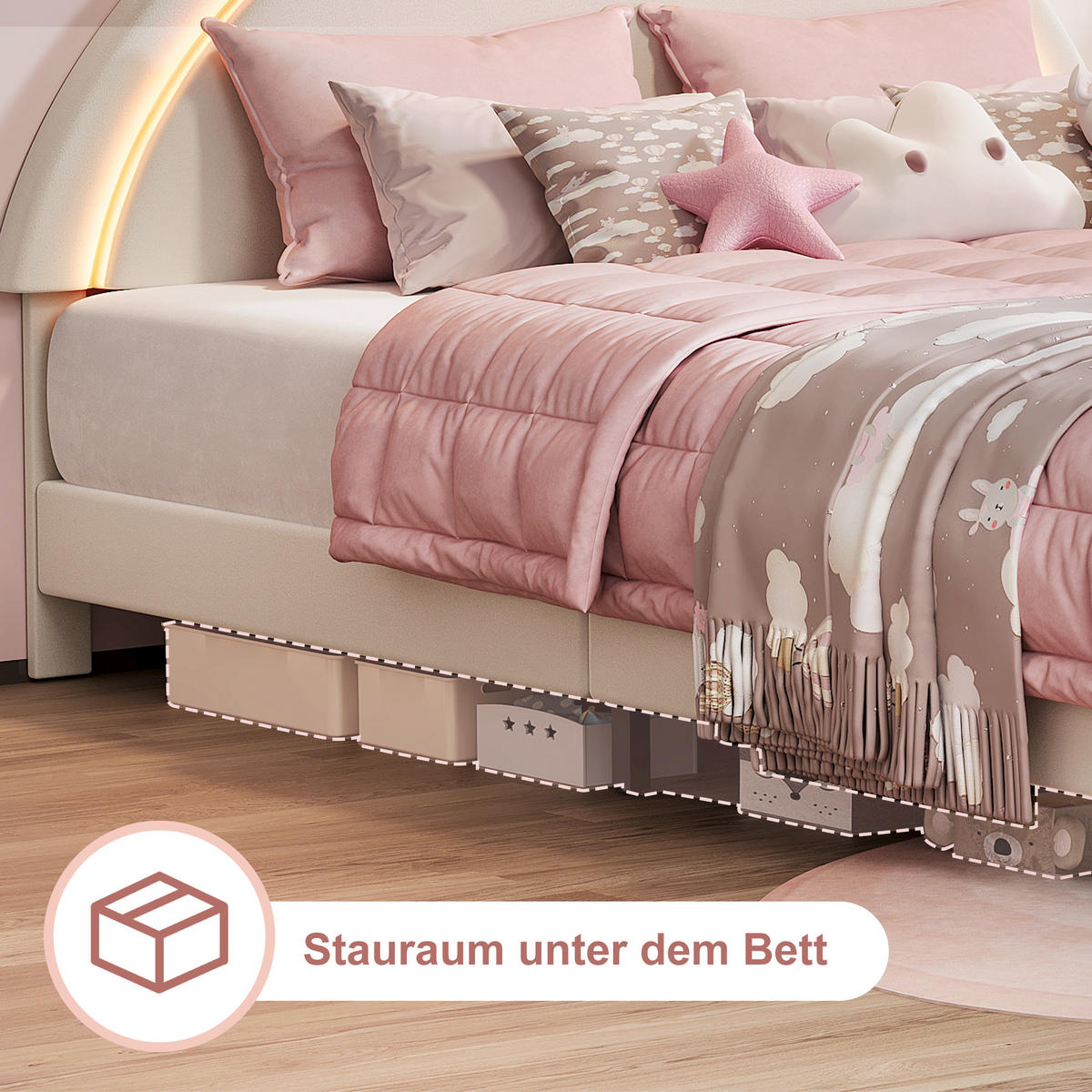 KINDERBETT 140x200 cm mit Hasen-Design, Ambiente-LED, Lattenrost, einfacher Montage, Weiß - Weiß, Holz (140/200cm) - BRILVERDE