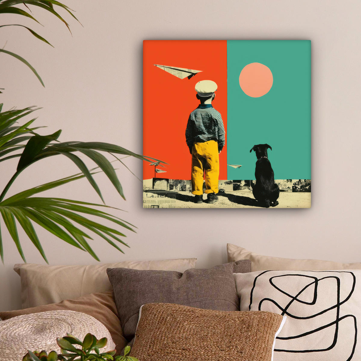 LEINWANDBILD Retro - Junge - Hund - Rot - Grün Wandbild Wohnzimmer 50x50 cm - Orange, Textil (50/50cm) - MuchoWow