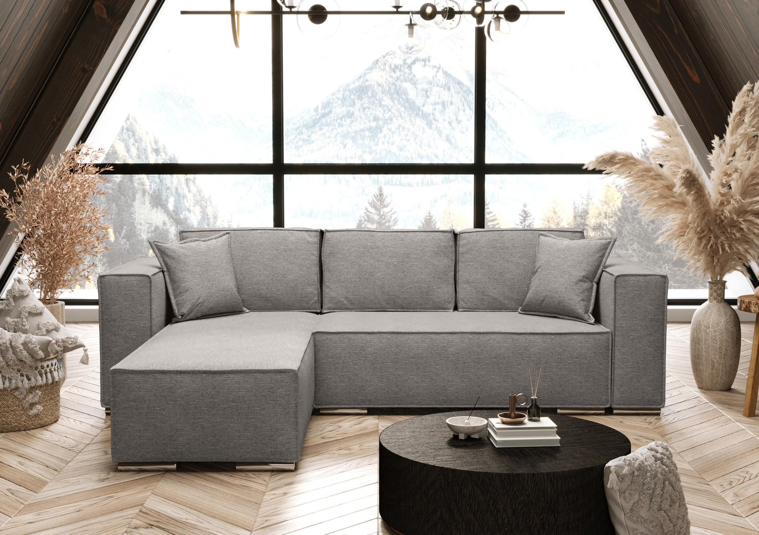 ECKSOFA L Form Vinoria Hellgrau 255/180/82 cm Links mit Schlaffunktion - Chromfarben/Hellgrau, Textil/Metall (180/255cm) - AX Living