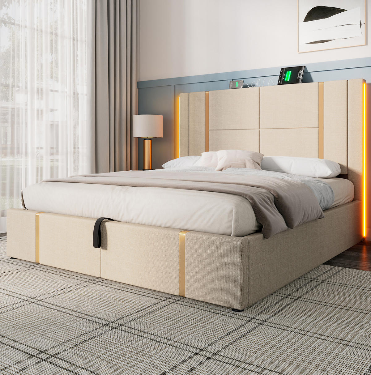 BETT mit Stauraum LED und Ladefunktion 140x200 cm Leinen Beige - Beige, Metall (140/200cm) - Meubliv