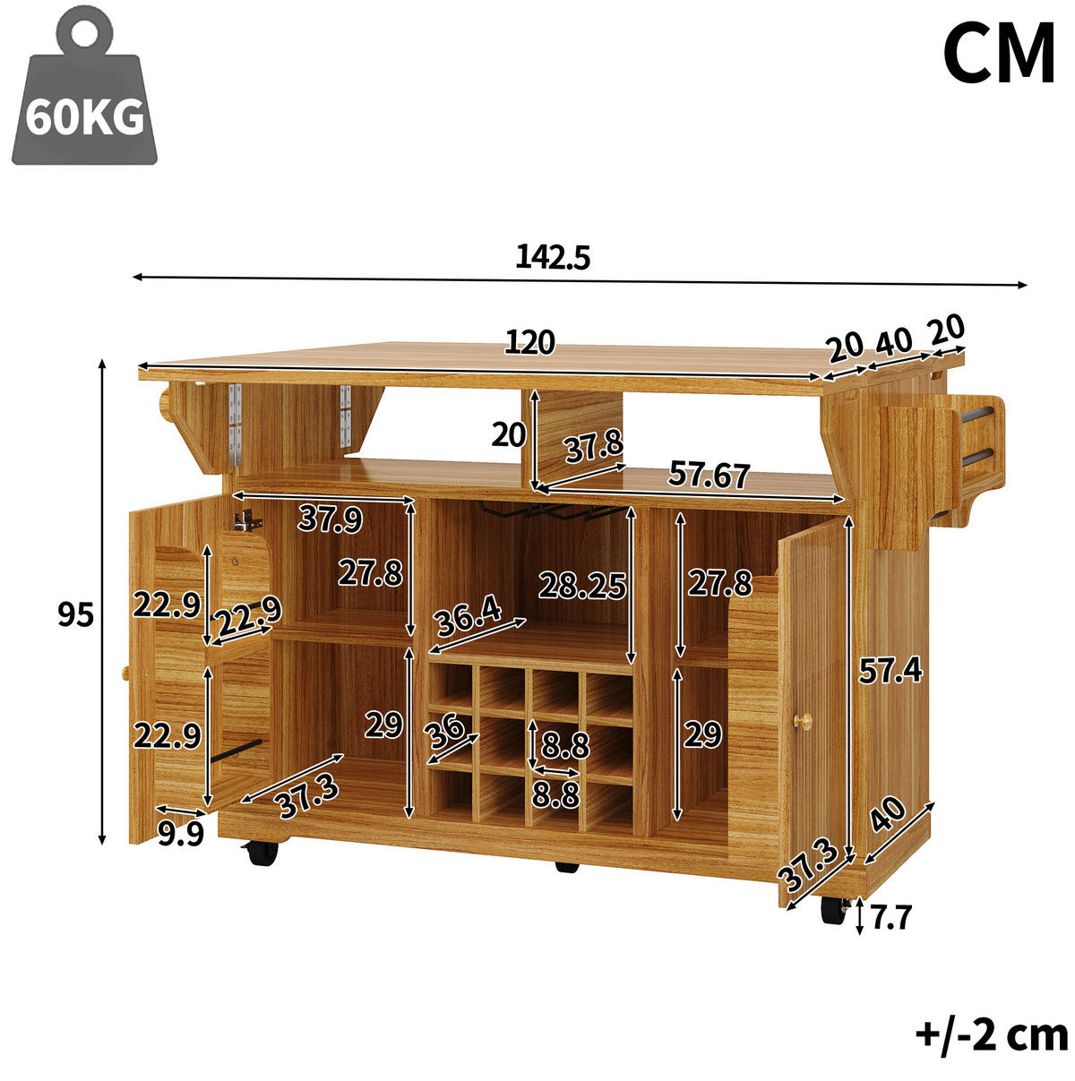 SERVIERWAGEN mit Stauraum und Ausziehfunktion 142,5 x 80 x 95 cm Dark Brown - Braun, Holz (80/95/142.5cm) - Beauniv