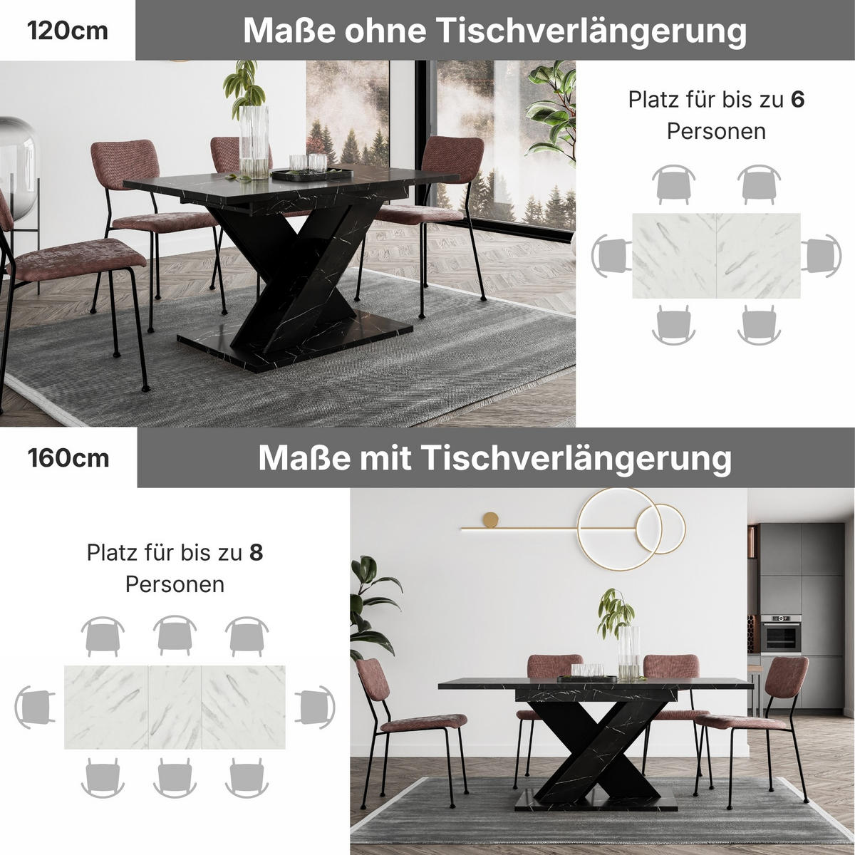 ESSTISCH Ausziehbar von 120 bis 160 cm in Schwarzen Marmor-Optik - Schwarz Hochglanz, Holzwerkstoff (80/160/75cm) - Home Collective