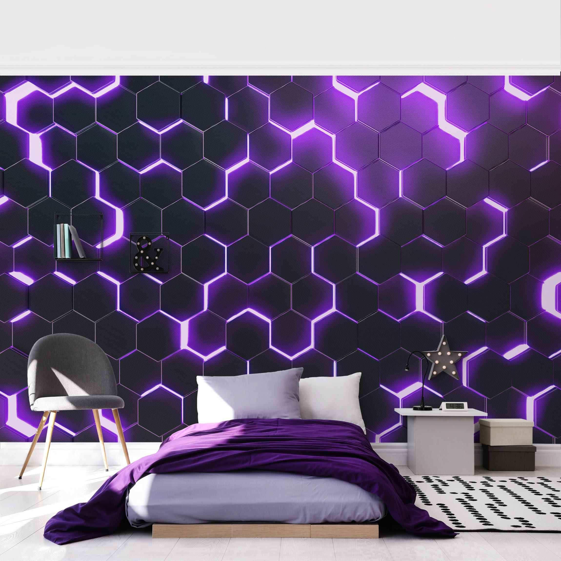 FOTOTAPETE Strukturierte Hexagone mit Neonlicht in Lila 432/290 cm - Schwarz, Papier (432/290cm) - Bilderwelten