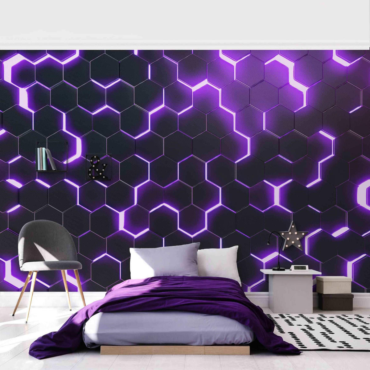 FOTOTAPETE Strukturierte Hexagone mit Neonlicht in Lila 384/255 cm - Schwarz, Papier (384/255cm) - Bilderwelten