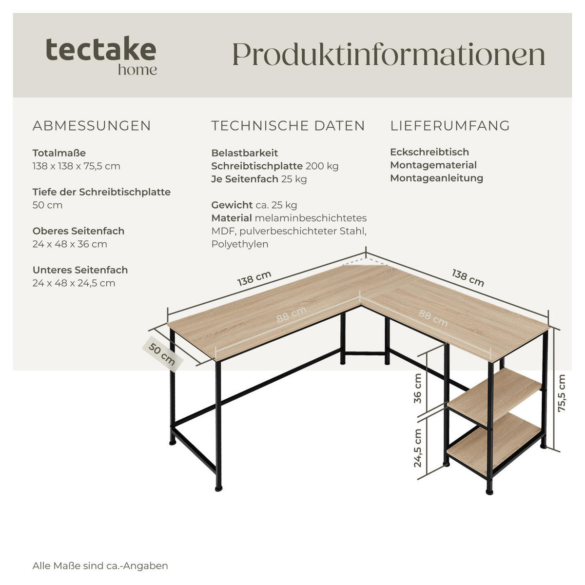SCHREIBTISCH Hamilton,138 x 138 x 75,5 cm,Industrial Holz hell, Eiche Sonoma - Naturfarben, Holz (138/138/75.5cm) - tectake