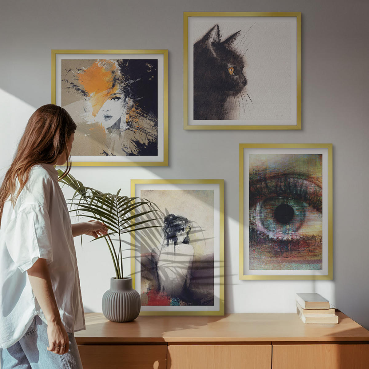 BILDER SET 4er Set - 50x50 cm & 40x60 cm Goldrahmen - Porträt einer Frau, Auge, Farben, Emotionen - Goldfarben, Kunststoff (50/50cm) - TULUP